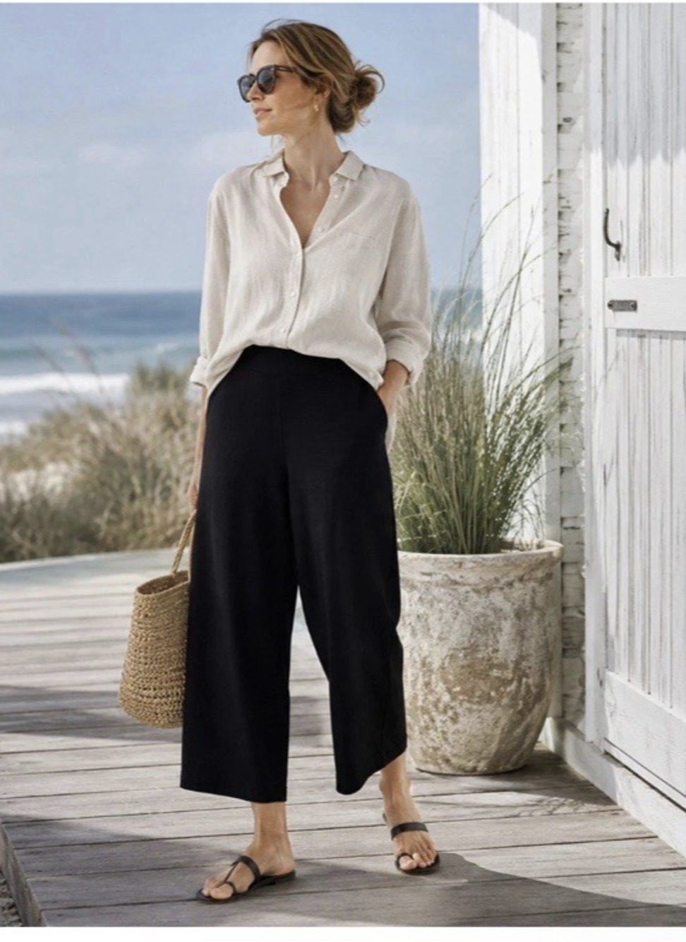 Eileen Fisher Pants Womens XL Black Tencel Jersey Cropped Wide Leg Elastic Waist